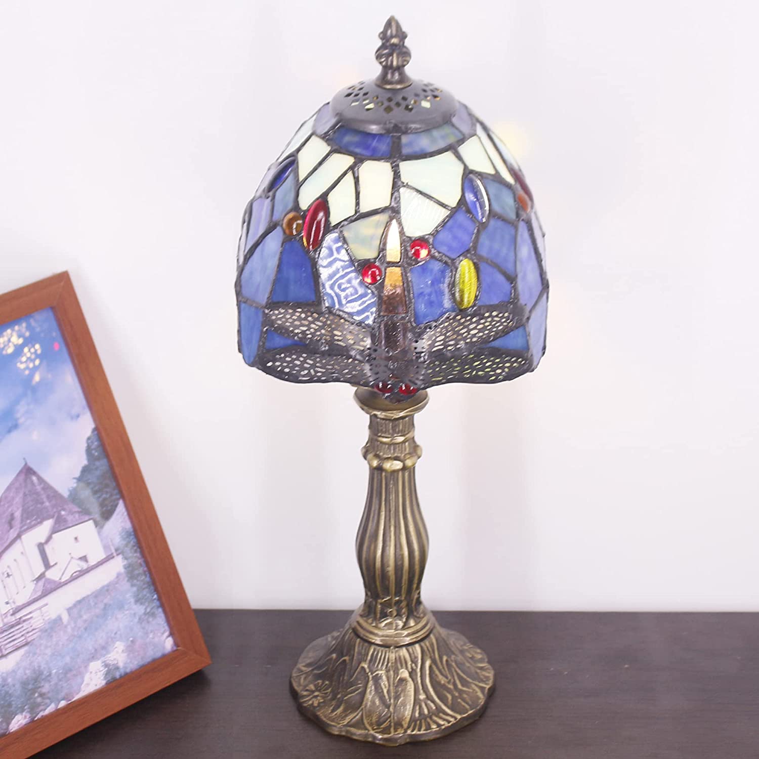 Werfactory® Small Tiffany Lamp Stained Glass Table Lamp Blue Dragonfly Style 14" Tall