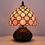 WERFACTORY Small Tiffany Lamp W8H11 Inch bead Stained Glass Table Lamp Bronze Mushroom Resin Base Mini Accent Lamp Decor Bedroom (Pink Bead)
