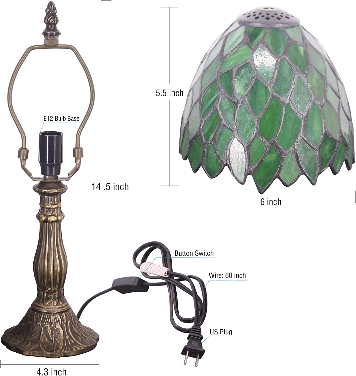 Werfactory® Small Tiffany Lamp Stained Glass Green Leaves Style Table Lamp 14" Tall