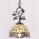 Werfactory® Tiffany Pendant Light 8" Cream Stained Glass Dragonfly Hanging Lamp