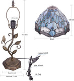 Werfactory® Tiffany Night Light with 8" Sea Blue Stained Glass Dragonfly Style Shade 19" Tall Farmhouse Luxury Rustic Metal Leaf Table Lamp, Small Cute Memory Bedside Lamp