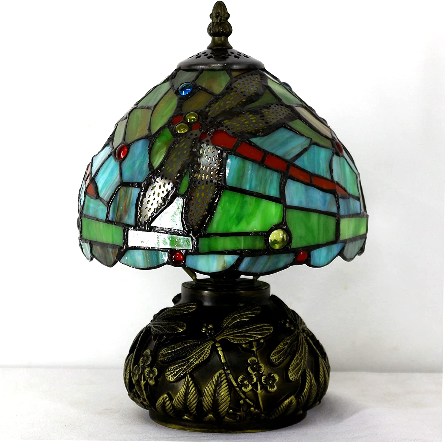 Werfactory® Tiffany Lamp W8H11 Inch Stained Glass Red Dragonfly Style Table Lamp Mushroom Lamp