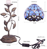 WERFACTORY Small Tiffany Table Lamp 8" Stained Glass Baroque Style Shade 19" Tall Antique Vintage Metal Leaf Base Mini Bedside Accent Desk Torchiere Uplight