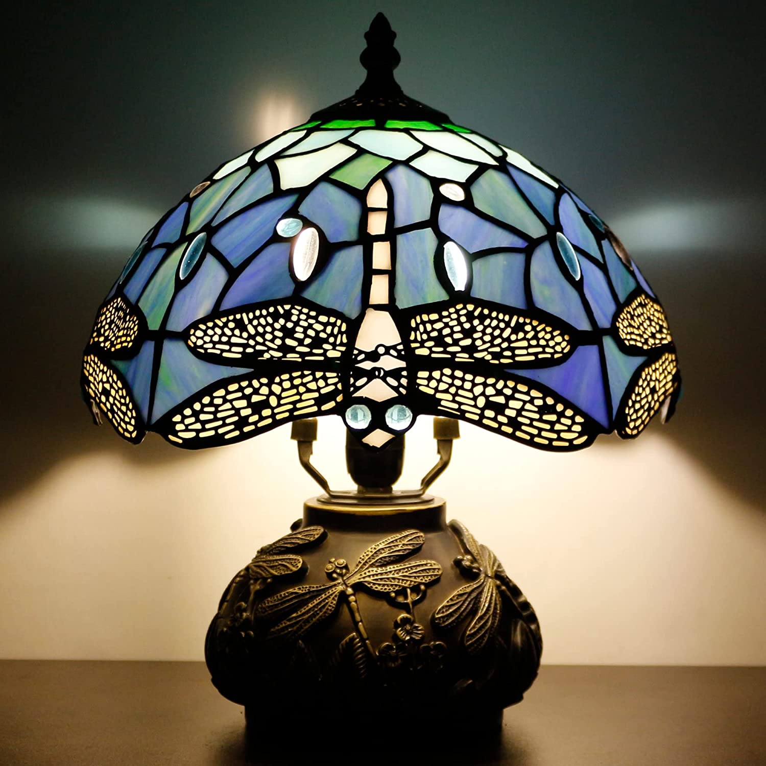 Werfactory® Tiffany Table Lamp Blue Dragonfly Stained Glass Lamp with Mushroom Base