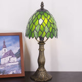 Werfactory® Small Tiffany Lamp Stained Glass Green Leaves Style Table Lamp 14" Tall