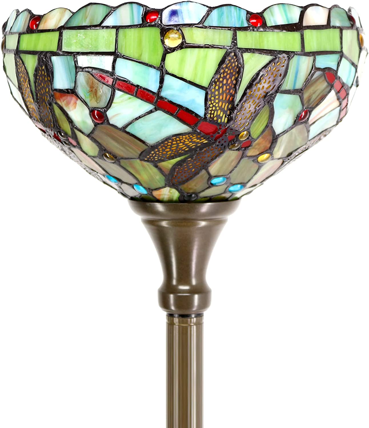 Werfactory® Torchiere Tiffany Floor Lamp Green Stained Glass  Dragonfly Torch Standing Light