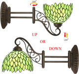 WERFACTORY Tiffany Wall Sconce Lamp W8L19 Inch Swing Arm Up Down Light Green Stained Glass Wisteria Shade S147 Living Room Bedroom Office Study Antique Metal