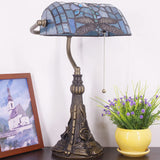 Werfactory® Banker Lamp Tiffany Desk Lamp Sea Blue Dragonfly Style Stained Glass Table Lamp 15" Tall