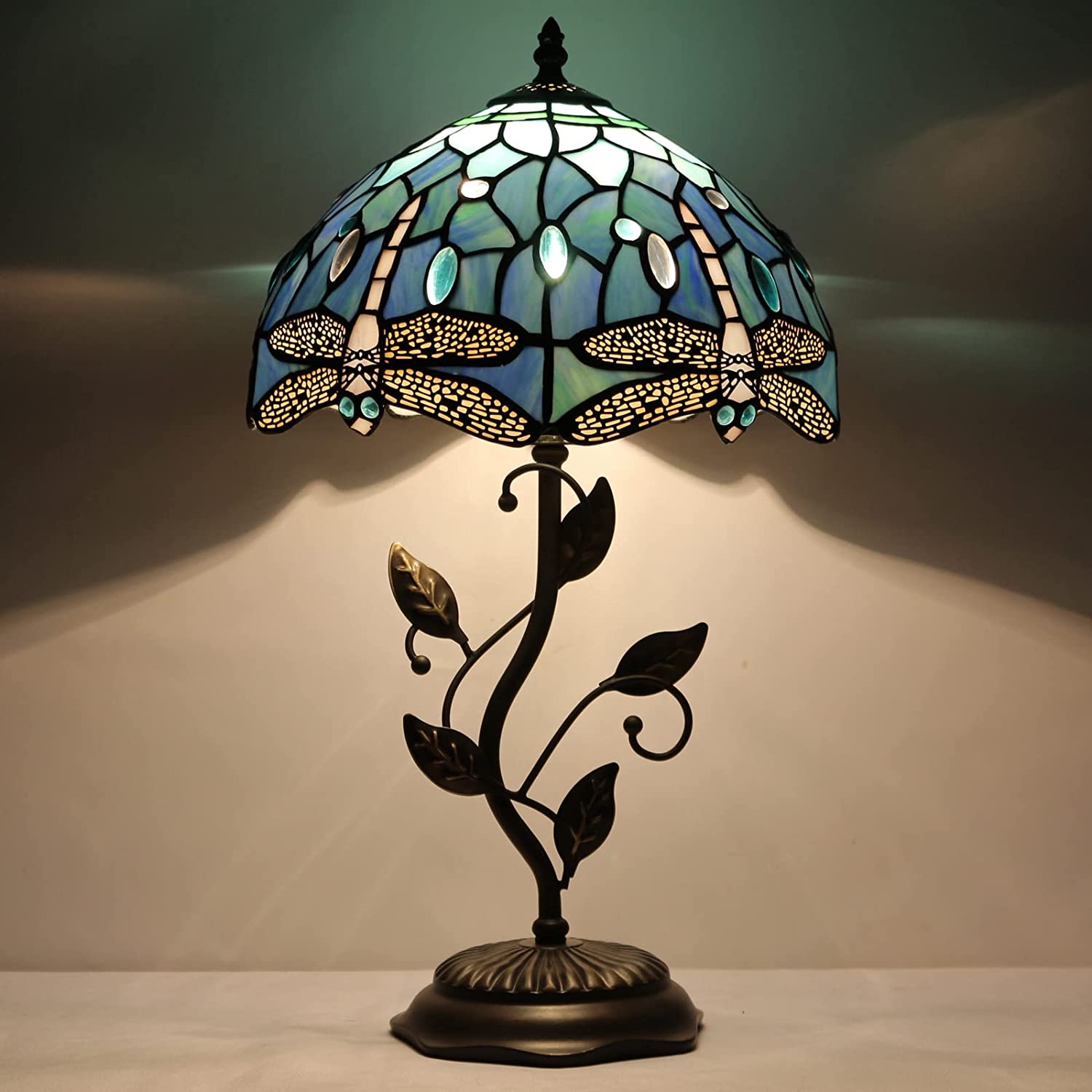 Tiffany Table Lamp, Stained Glass Lamp, Blue Dragonfly Desk Light W12H19 Inch Antique Iron Metal Leaves
