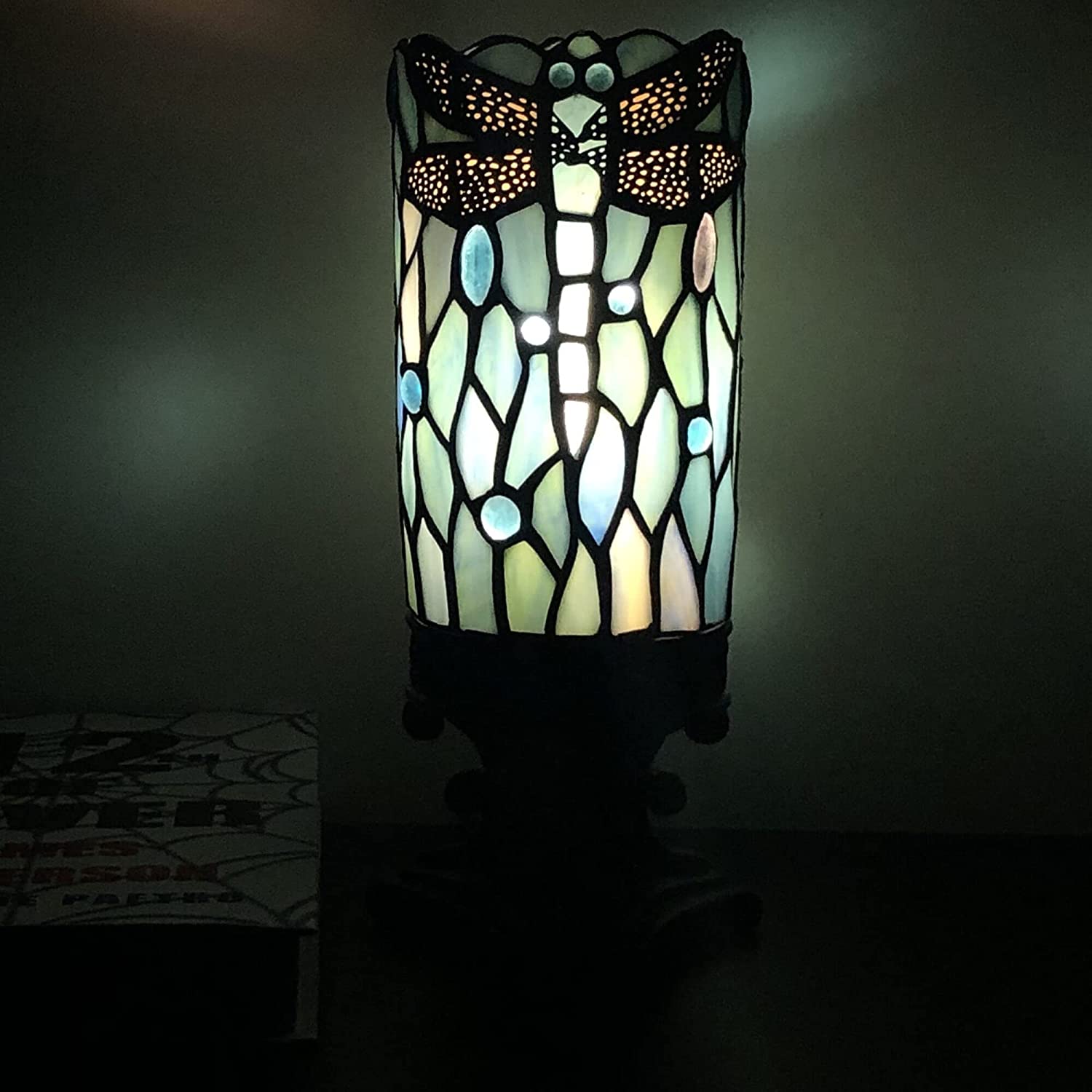 WERFACTORY Small Tiffany Lamp Mini Stained Glass Table Lamp W4H10 Inch Sea Blue Dragonfly Style Desk Night Light Luxury Candle Type Lamp for Bedroom Living Room