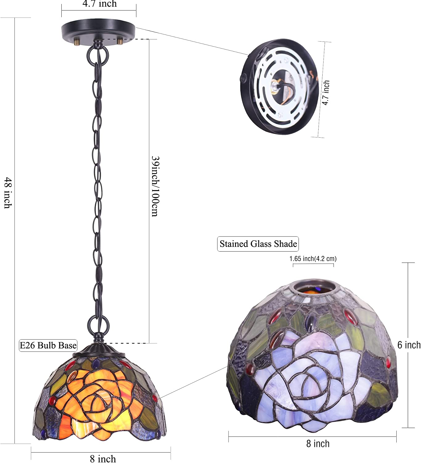 Werfactory® Tiffany Pendant Light Stained Glass Rose Style Hanging Lamp Fixture