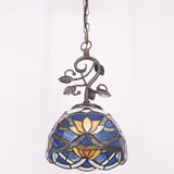 Werfactory® Tiffany Pendant Light  8" Blue Stained Glass Lotus Style Hanging Lamp