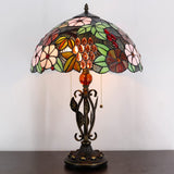 Tiffany Table Lamp Purple Stained Glass Grape Desk Light W16H24 Inch with Iron Metal Leaves Bronze Base