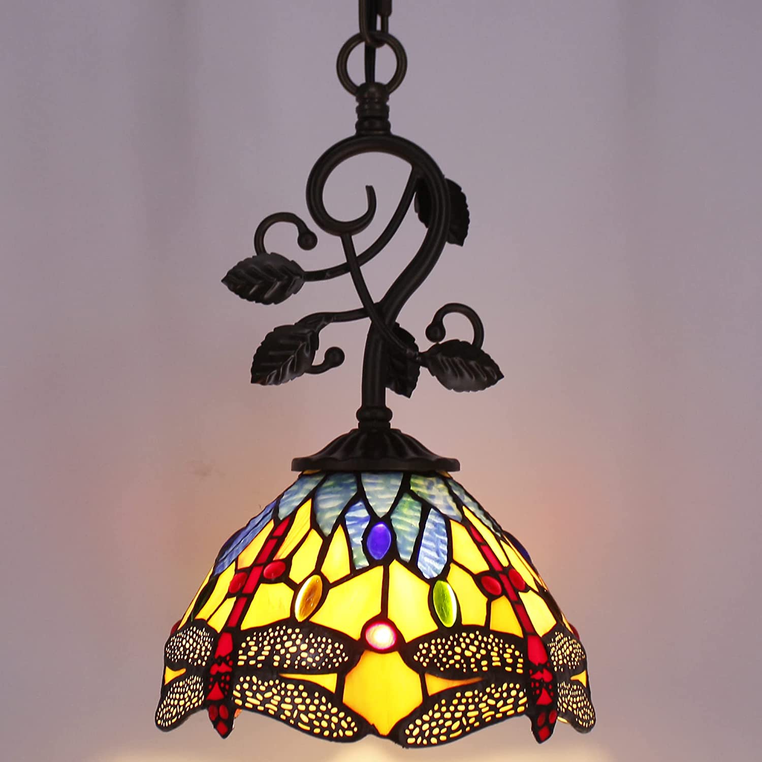 Werfactory®Tiffany Pendant Lighting 8" Yellow Blue Stained Glass Dragonfly Hanging Lamp