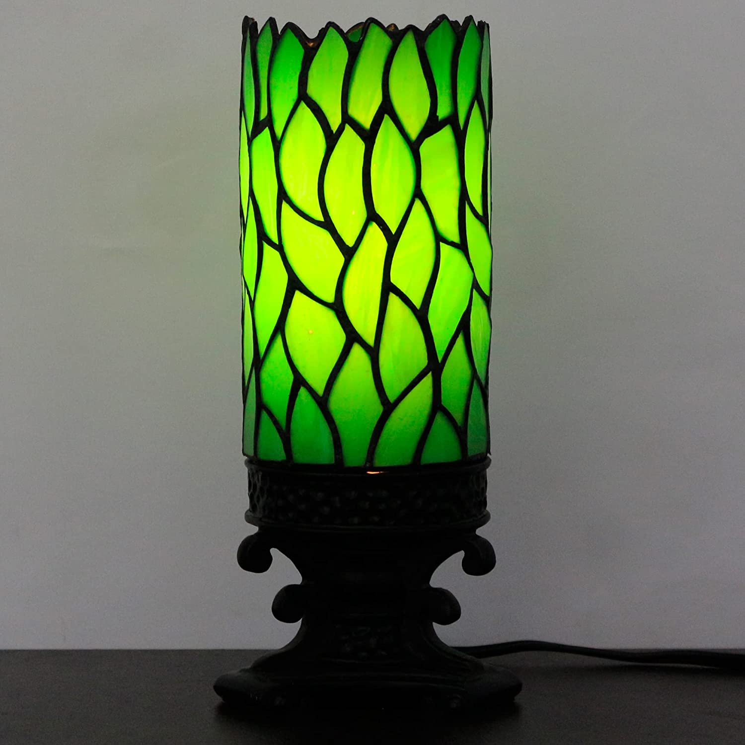 Werfactory Tiffany Table Lamp Small Stained Glass Lamp Green Leaf Candle Type Desk Lamp