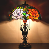 Tiffany Table Lamp Rose Stained Glass Desk Light W16H24 Inch with Iron Metal Leaves Style