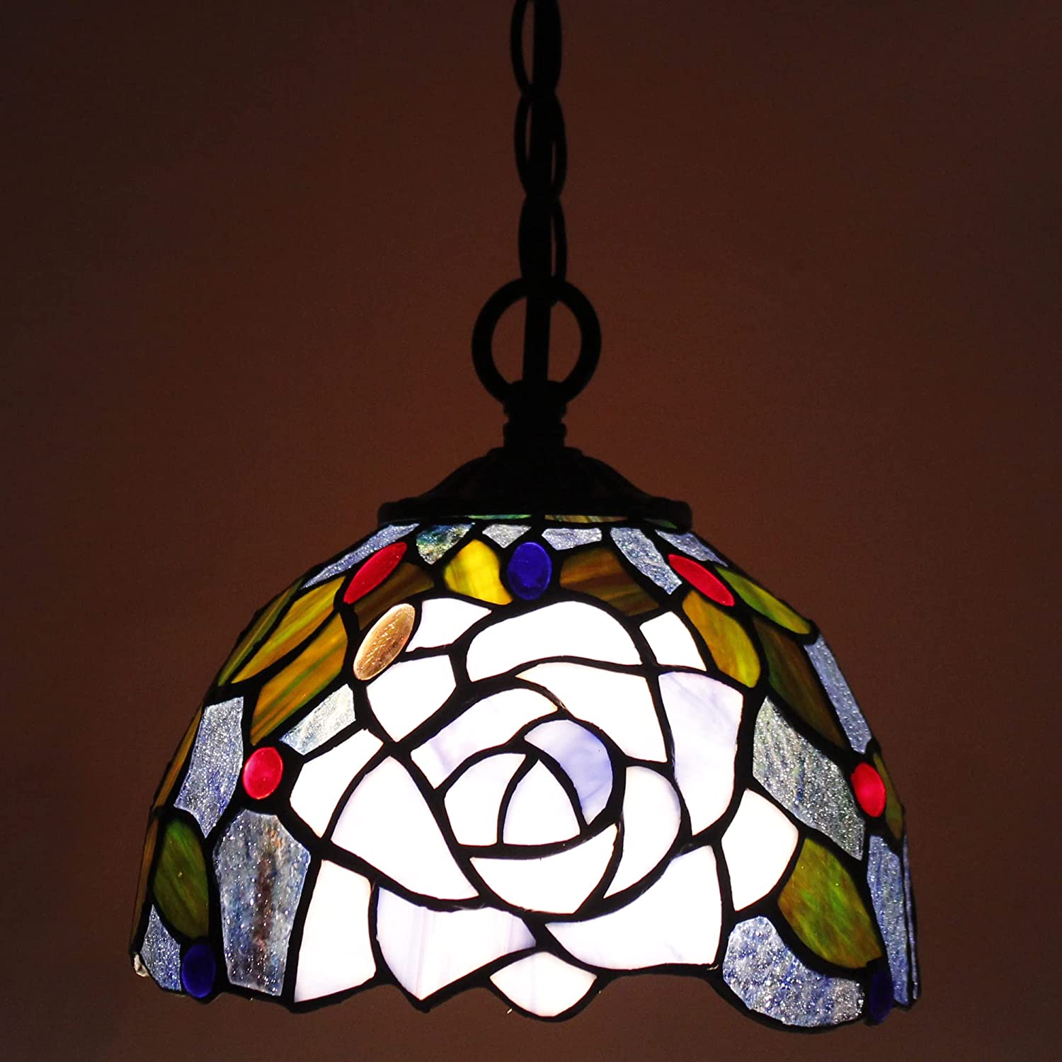Werfactory Tiffany Pendant Light with W8H7 Inch Stained Glass Rose Shade Hanging Lamp