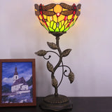 WERFACTORY Small Tiffany Table Lamp 8" Yellow Stained Glass Dragonfly Style Shade 19" Tall Antique Vintage Metal Leaf Base Mini Bedside Accent Desk Torchiere Uplight