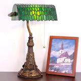 WERFACTORY®  Banker Lamp Tiffany Desk Lamp Green Leaves Style Stained Glass Table Lamp, 15" Tall