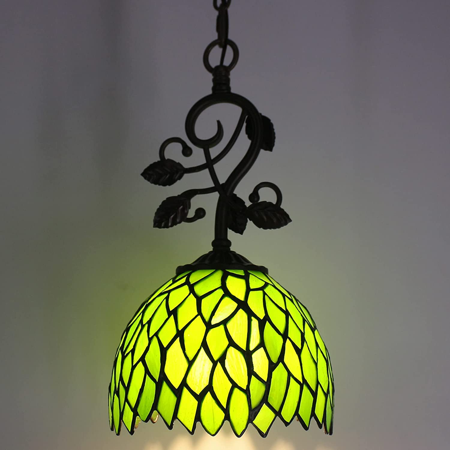 Werfactory® Tiffany Pendant Lighting with 8" Green Stained Glass Leaf Style Hanging Lamp