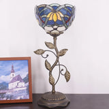 WERFACTORY Small Tiffany Table Lamp 8" Blue Stained Glass Lotus Style Shade 19" Tall Antique Vintage Metal Leaf Base Mini Bedside Accent Desk Torchiere Uplight