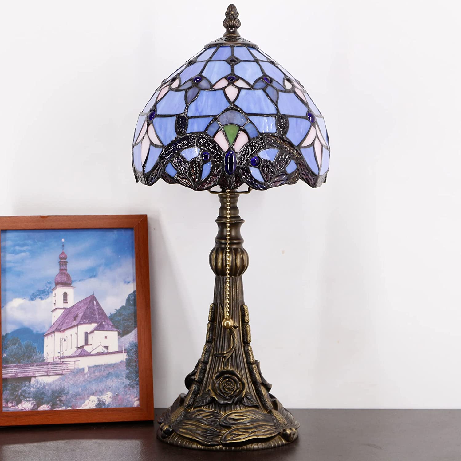 Werfactory Tiffany Lamp Baroque Style Stained Glass Table Lamp with Bronze Resin Base