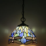 Werfactory® Tiffany Pendant Lighting Navy Blue Stained Glass Dragonfly Hanging Lamp