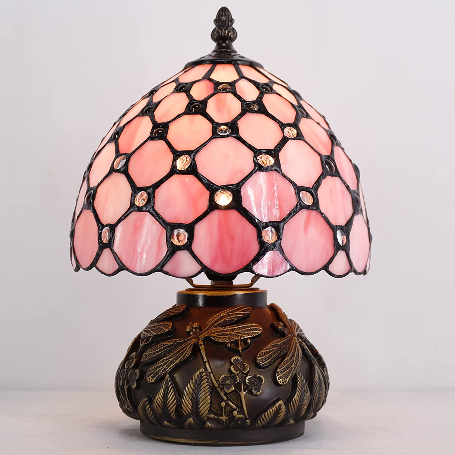 WERFACTORY Small Tiffany Lamp W8H11 Inch bead Stained Glass Table Lamp Bronze Mushroom Resin Base Mini Accent Lamp Decor Bedroom (Pink Bead)