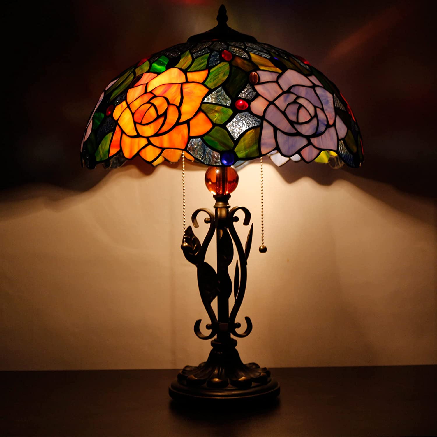 Tiffany Table Lamp Rose Stained Glass Desk Light W16H24 Inch with Iron Metal Leaves Style