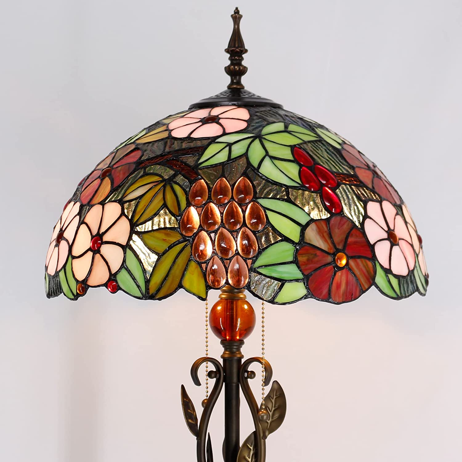 Tiffany Floor Lamp Stained Glass Green Grape Stainding Light W16H70 Inch Iron Metal Leaves Bronze Base