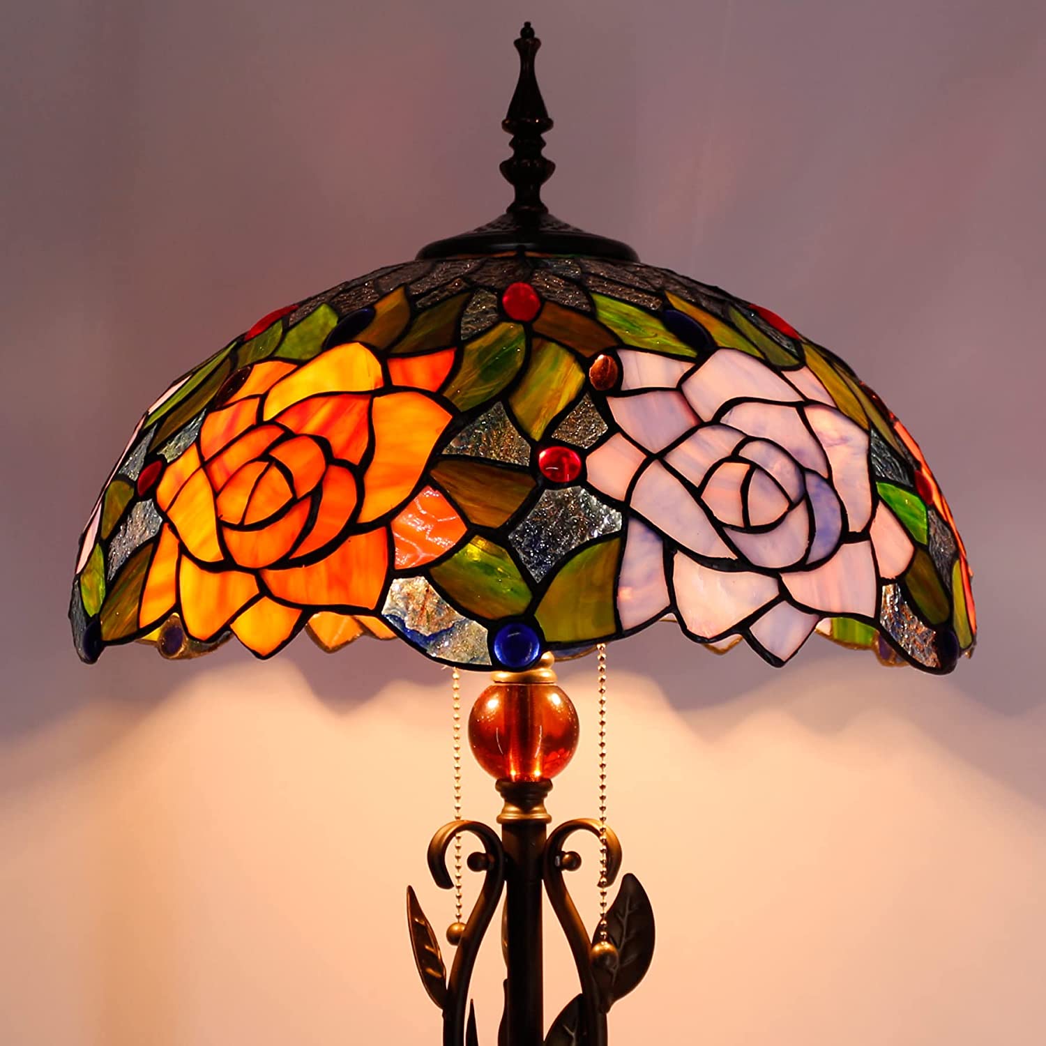 Werfactory® Tiffany Floor Lamp Red Rose Stained Glass Floor Lamp Tiffany Standing Lamp