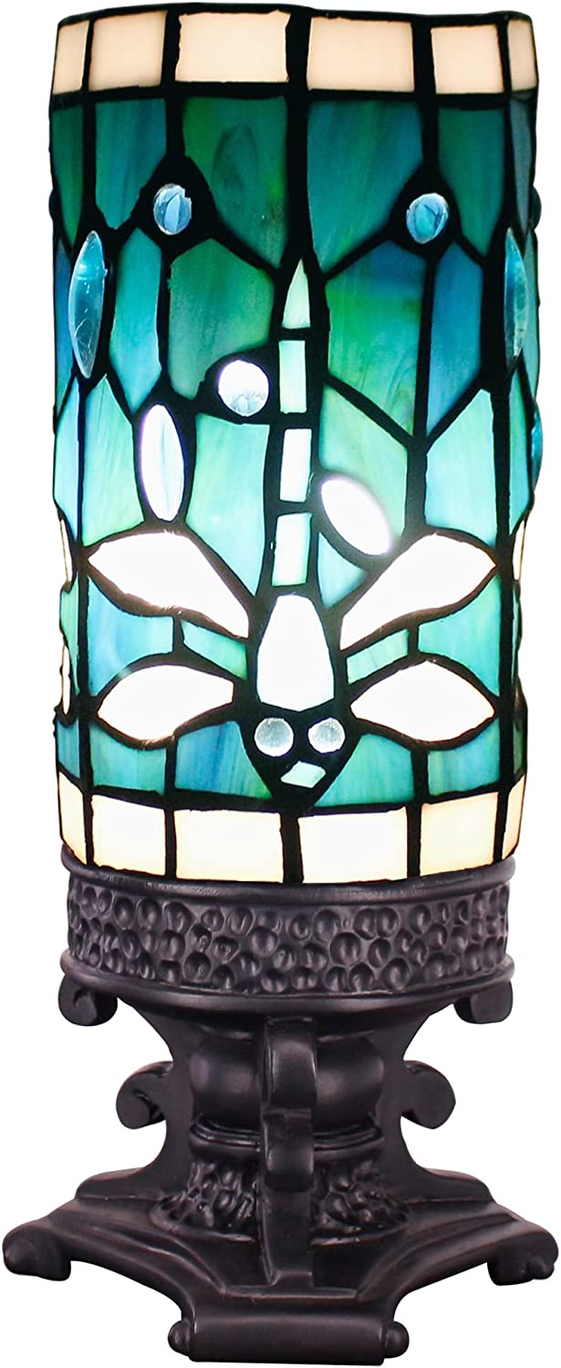 WERFACTORY Small Tiffany Lamp Mini Stained Glass Table Lamp Wide 4 Tall 10 Inch Green Blue Dragonfly Style Desk Night Light