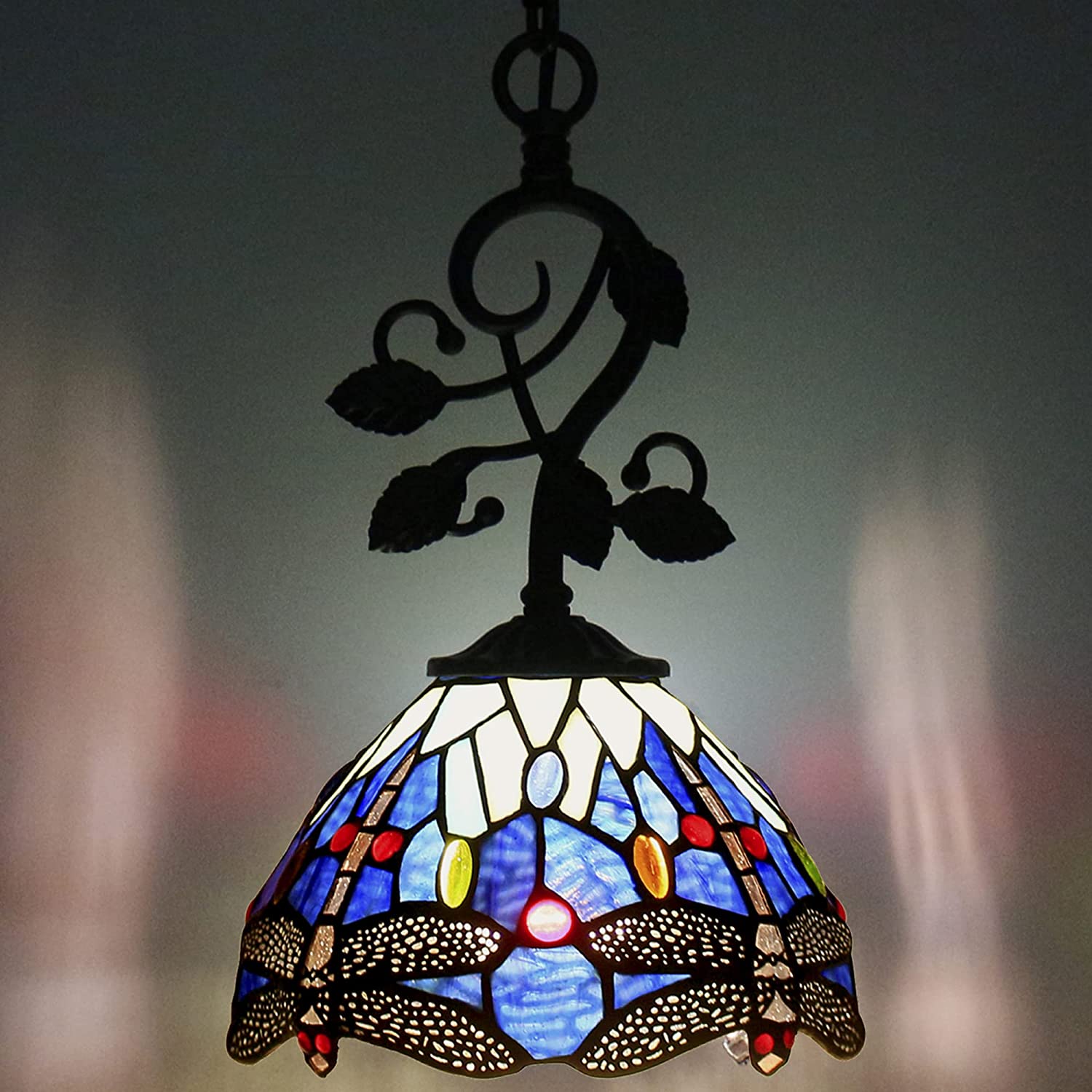 Werfactory® Tiffany Pendant Light Blue Stained Glass Dragonfly Hanging Lamp