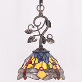 Werfactory®Tiffany Pendant Lighting 8" Yellow Blue Stained Glass Dragonfly Hanging Lamp