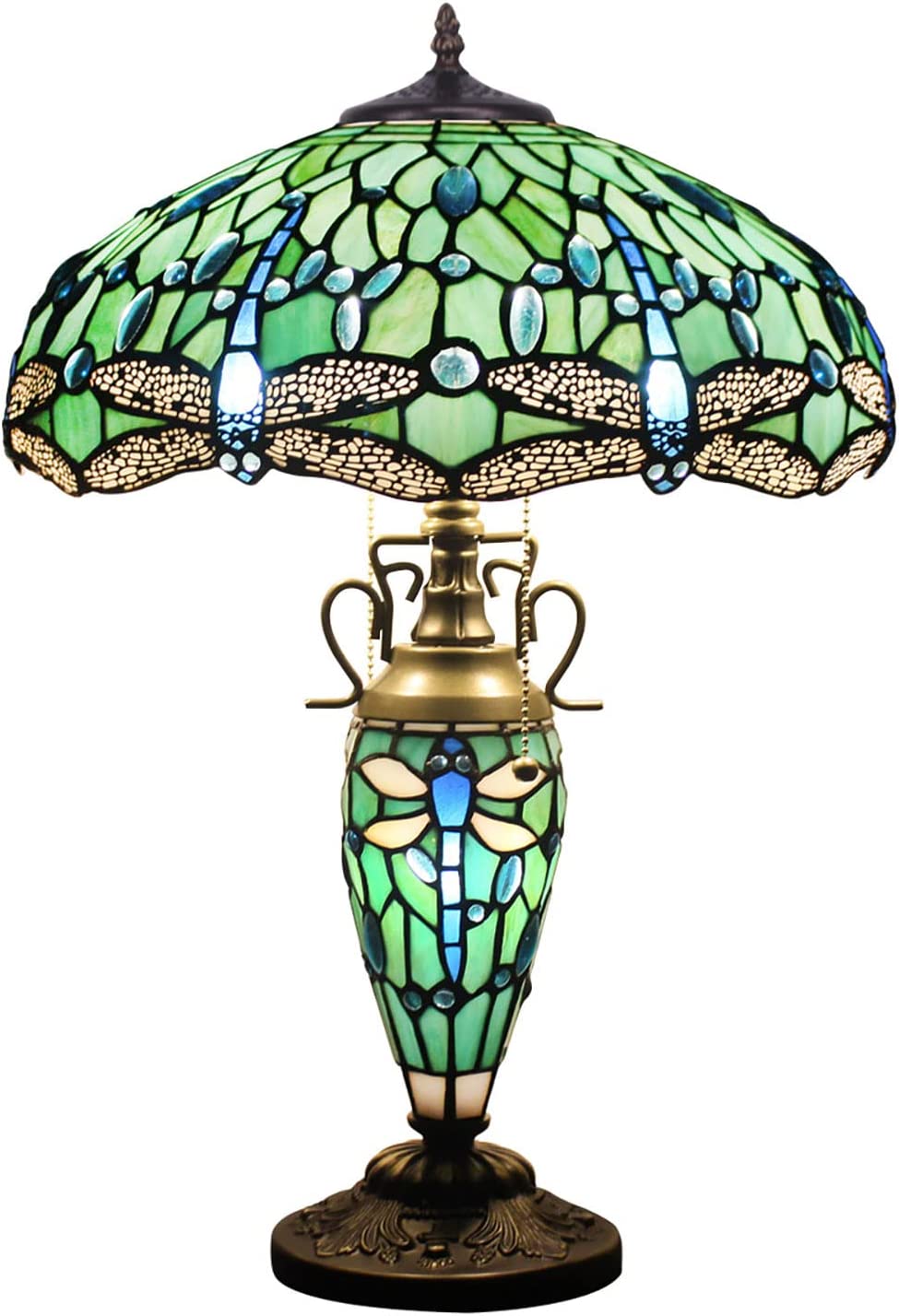 Werfactory® Tiffany Lamp W16H24 Inch Blue Stained Glass Mother Daughter Dragonfly Table Lamp