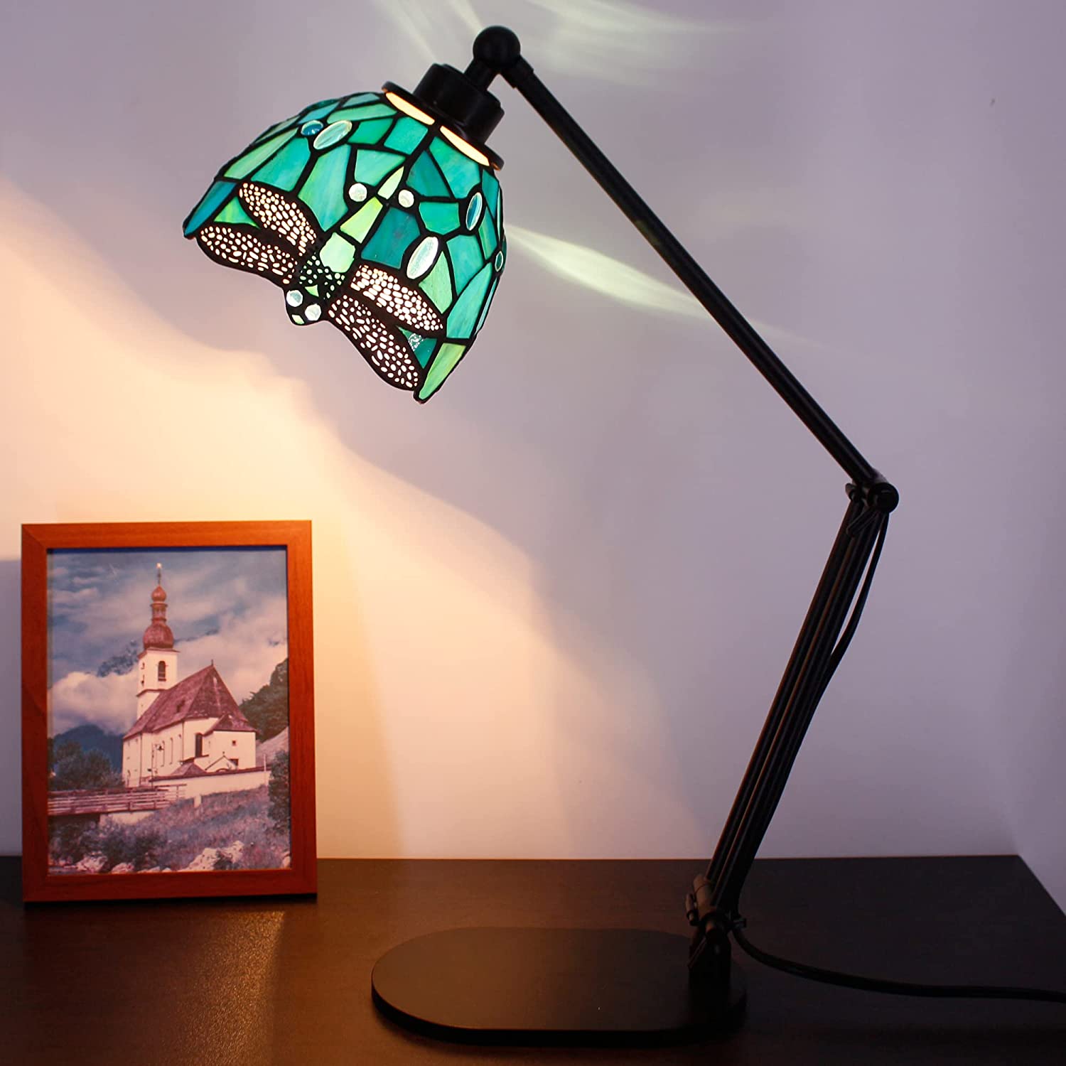 Werfactory® Tiffany Swing Arm Lamp Adjustable Stained Glass Dragonfly Table Lamp