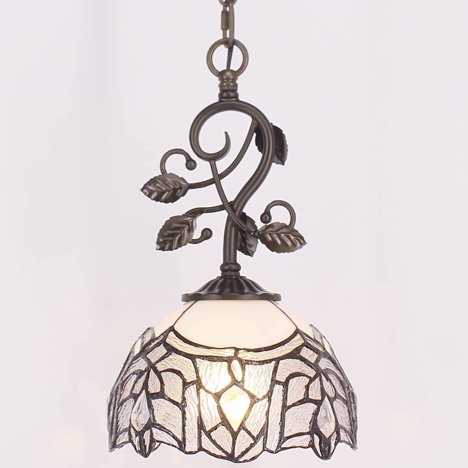 Werfactory® Tiffany Pendant Light, 8" White Stained Glass Crystal Shade Hanging Lamp