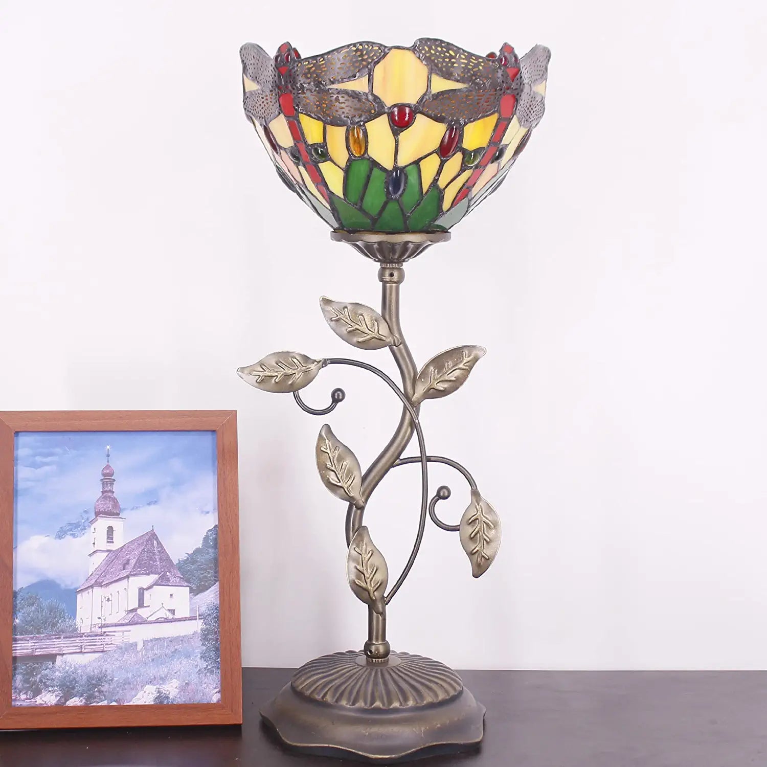 WERFACTORY Small Tiffany Table Lamp 8" Yellow Stained Glass Dragonfly Style Shade 19" Tall Antique Vintage Metal Leaf Base Mini Bedside Accent Desk Torchiere Uplight