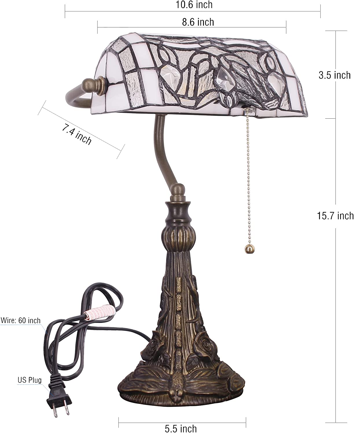 Werfactory® Banker Lamp Tiffany Desk Lamp White Stained Glass Table Lamp 15" Tall