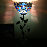 WERFACTORY Small Tiffany Table Lamp 8" Blue Stained Glass Dragonfly Style Shade 19" Tall Antique Vintage Metal Leaf Base Mini Bedside Accent Desk Torchiere Uplight