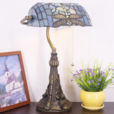 Werfactory® Banker Lamp Tiffany Desk Lamp Sea Blue Dragonfly Style Stained Glass Table Lamp 15" Tall