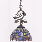 Werfactory®Tiffany Pendant Lighting, 8" Navy Blue Stained Glass Dragonfly Hanging Lamp