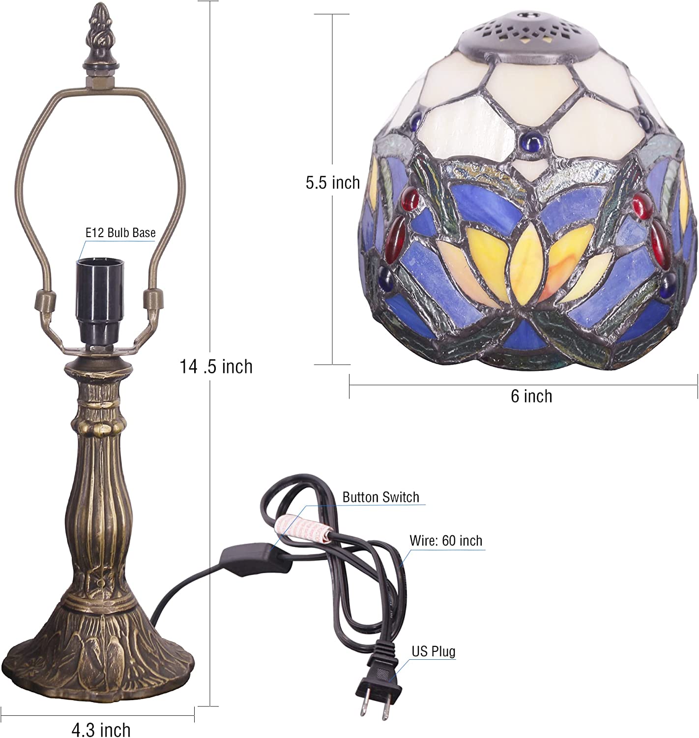 Werfactory® Small Tiffany Lamp Blue Stained Glass Lotus Style Table Lamp, 14" Tall