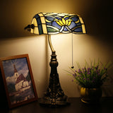 Werfactory® Banker Lamp Tiffany Desk Lamp Lotus Style Blue Stained Glass Table Lamp, 15" Tall