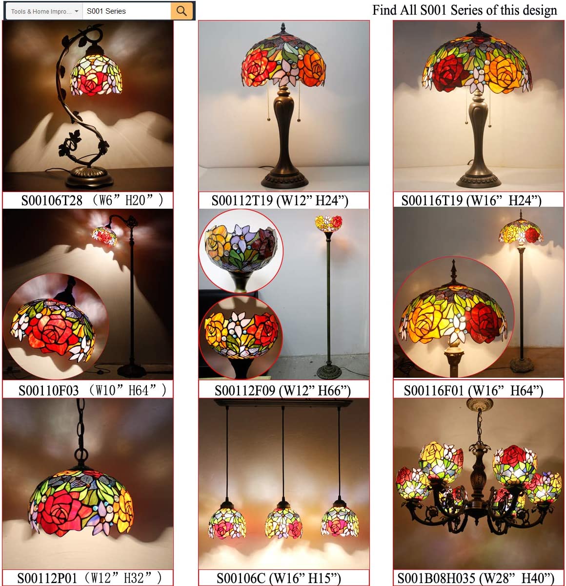 WERFACTORY Tiffany Floor Lamp Rose Stained Glass Light Torchiere Standing Torch Uplight