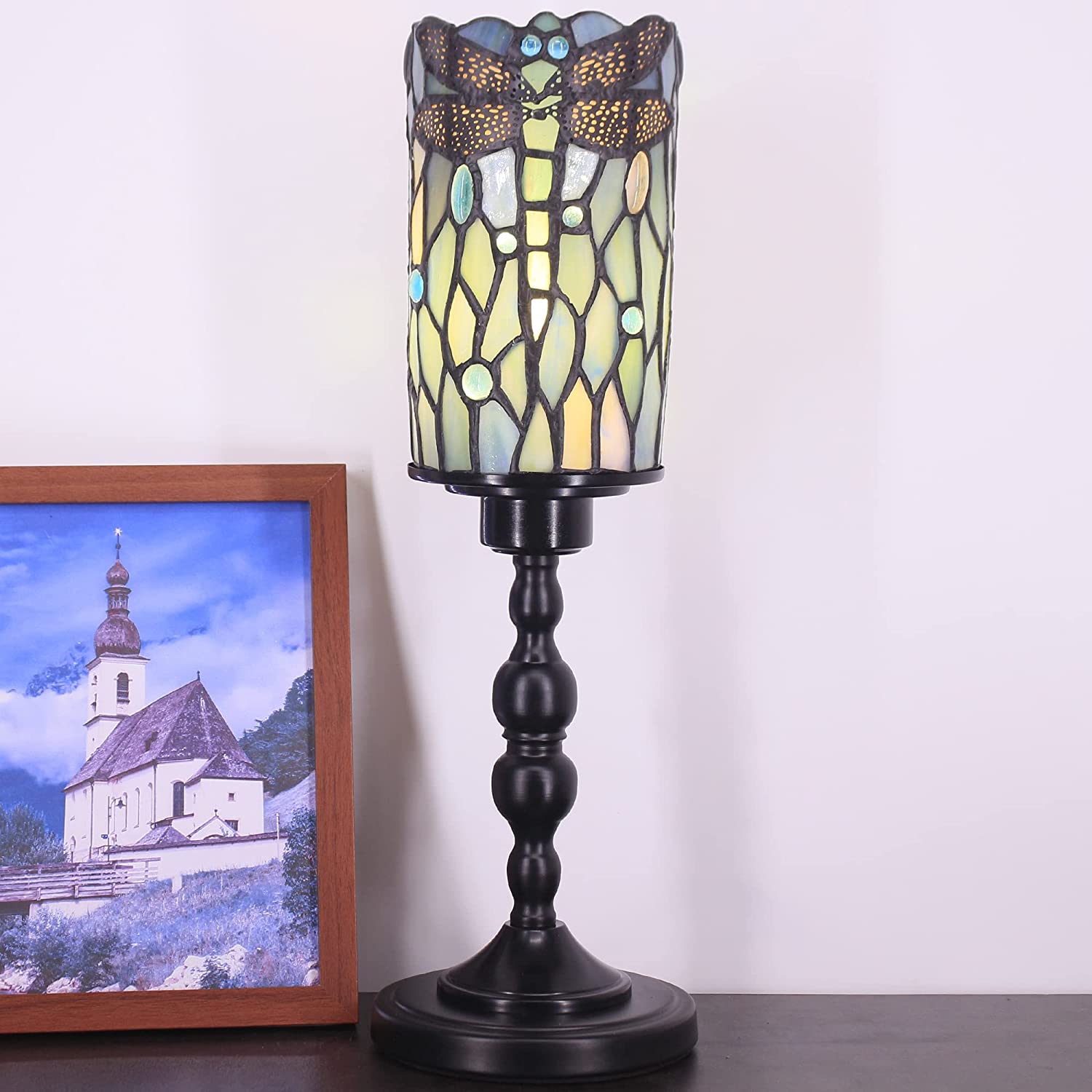 WERFACTORY Small Tiffany Lamp Mini Stained Glass Table Lamp Wide 4 Tall 15 Inch Sea Blue Dragonfly Style Night Light