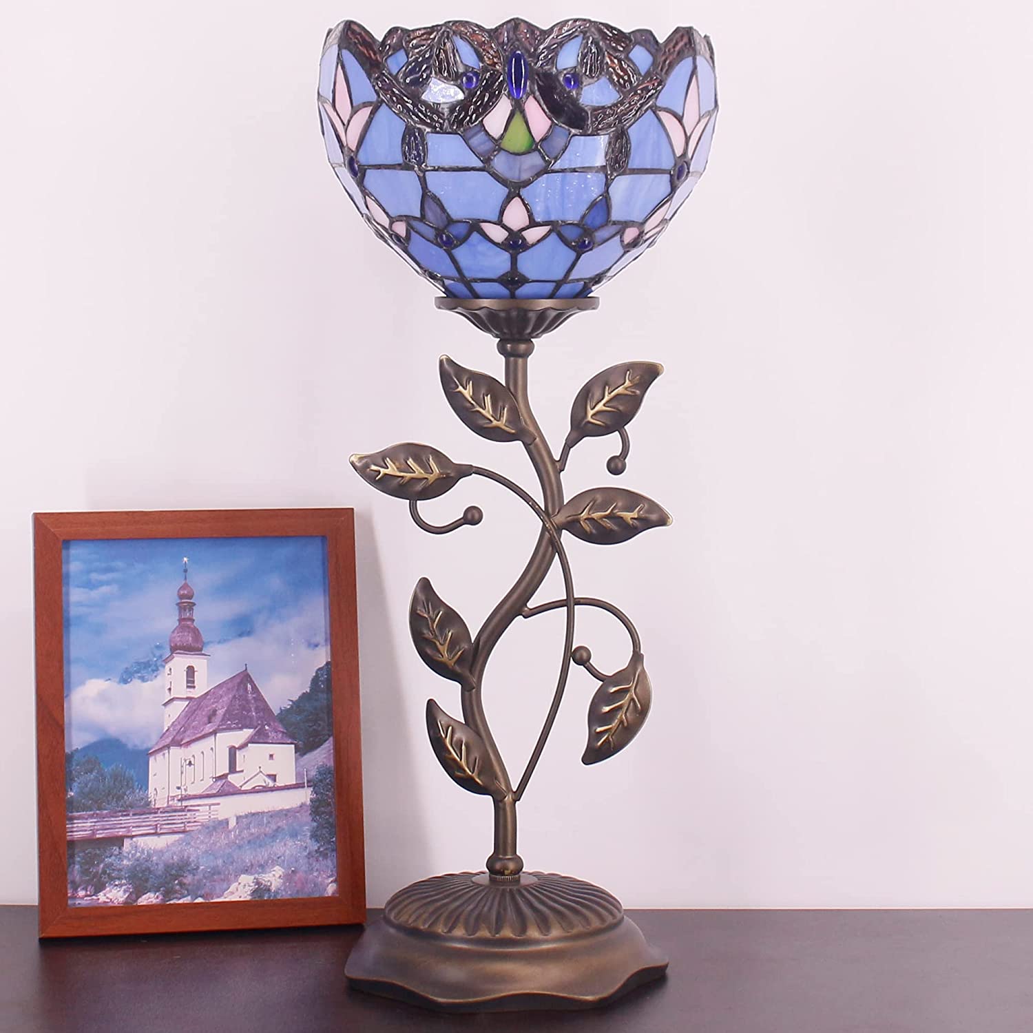 WERFACTORY Small Tiffany Table Lamp 8" Stained Glass Baroque Style Shade 19" Tall Antique Vintage Metal Leaf Base Mini Bedside Accent Desk Torchiere Uplight