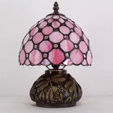 WERFACTORY Small Tiffany Lamp W8H11 Inch bead Stained Glass Table Lamp Bronze Mushroom Resin Base Mini Accent Lamp Decor Bedroom (Pink Bead)