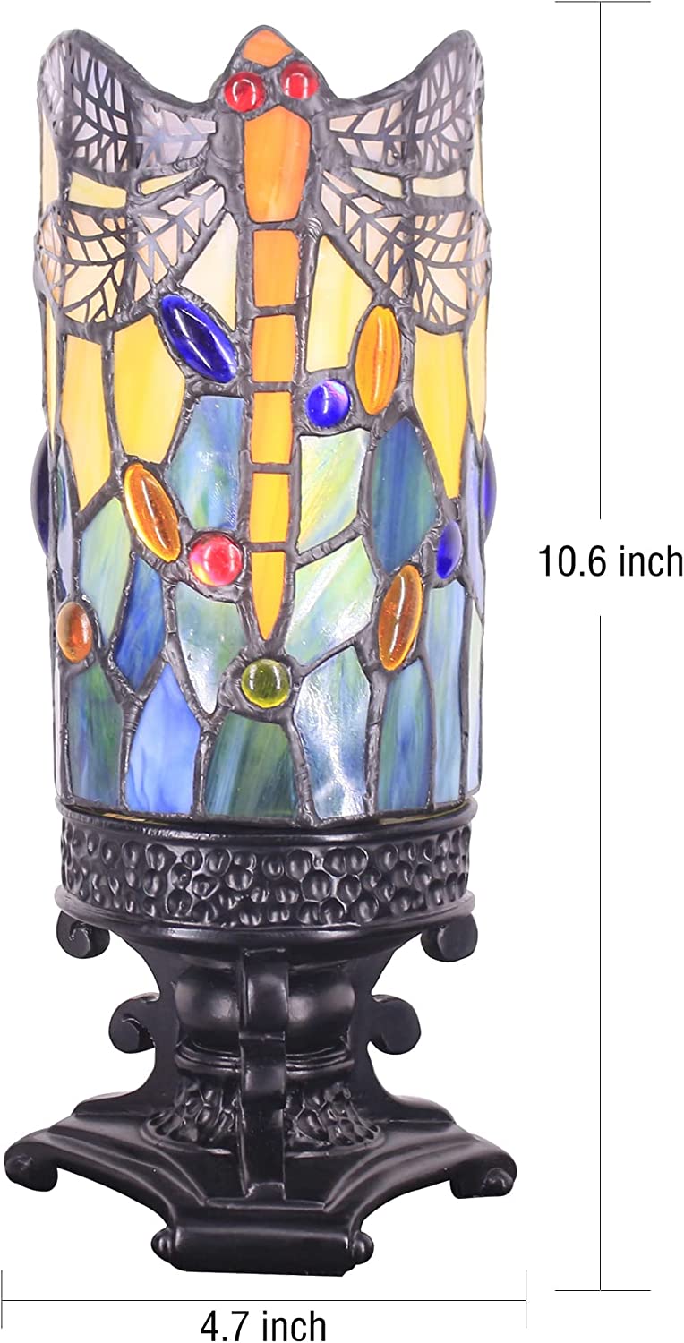 WERFACTORY Small Tiffany Table Lamp Mini Stained Glass Lamp Wide 4 Tall 10 Inch Yellow Dragonfly Style Desk Night Light