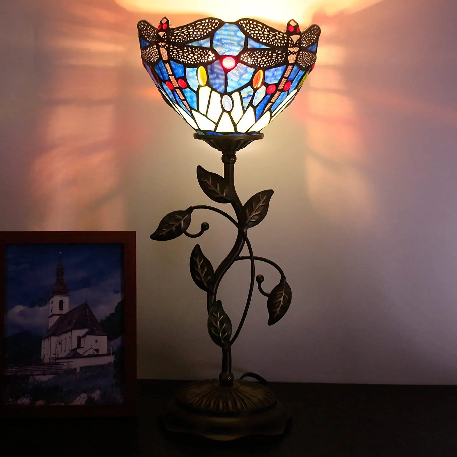 WERFACTORY Small Tiffany Table Lamp 8" Blue Stained Glass Dragonfly Style Shade 19" Tall Antique Vintage Metal Leaf Base Mini Bedside Accent Desk Torchiere Uplight